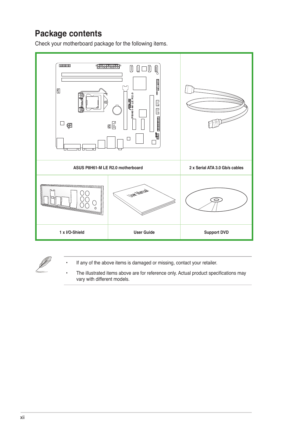 Package contents, User manual | Asus P8H61-M LE R2.0 User Manual | Page 12 / 81