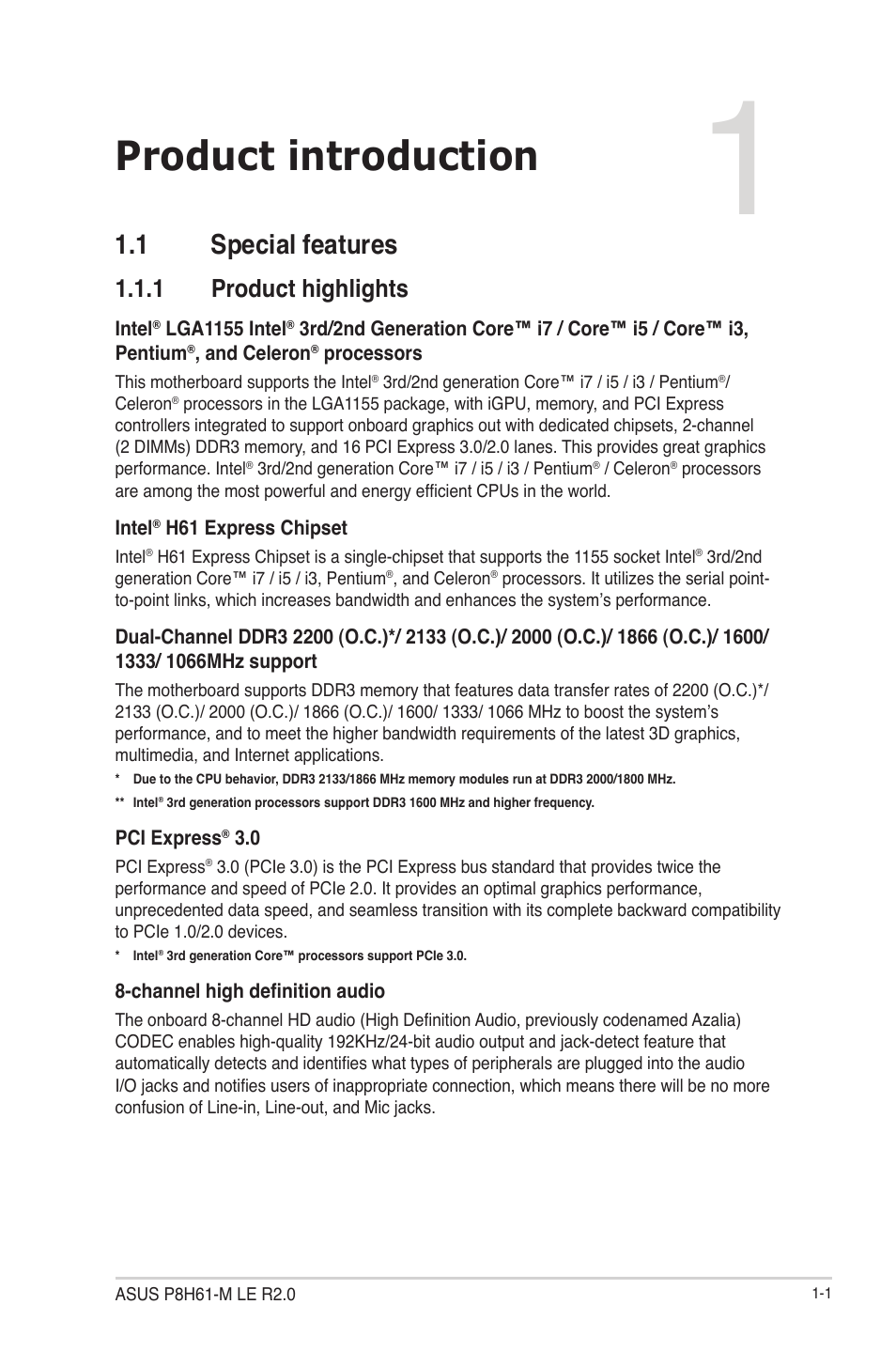 Chapter 1: product introduction, 1 special features, 1 product highlights | Product introduction, 1 special features -1, Product highlights -1 | Asus P8H61-M LE R2.0 User Manual | Page 13 / 81