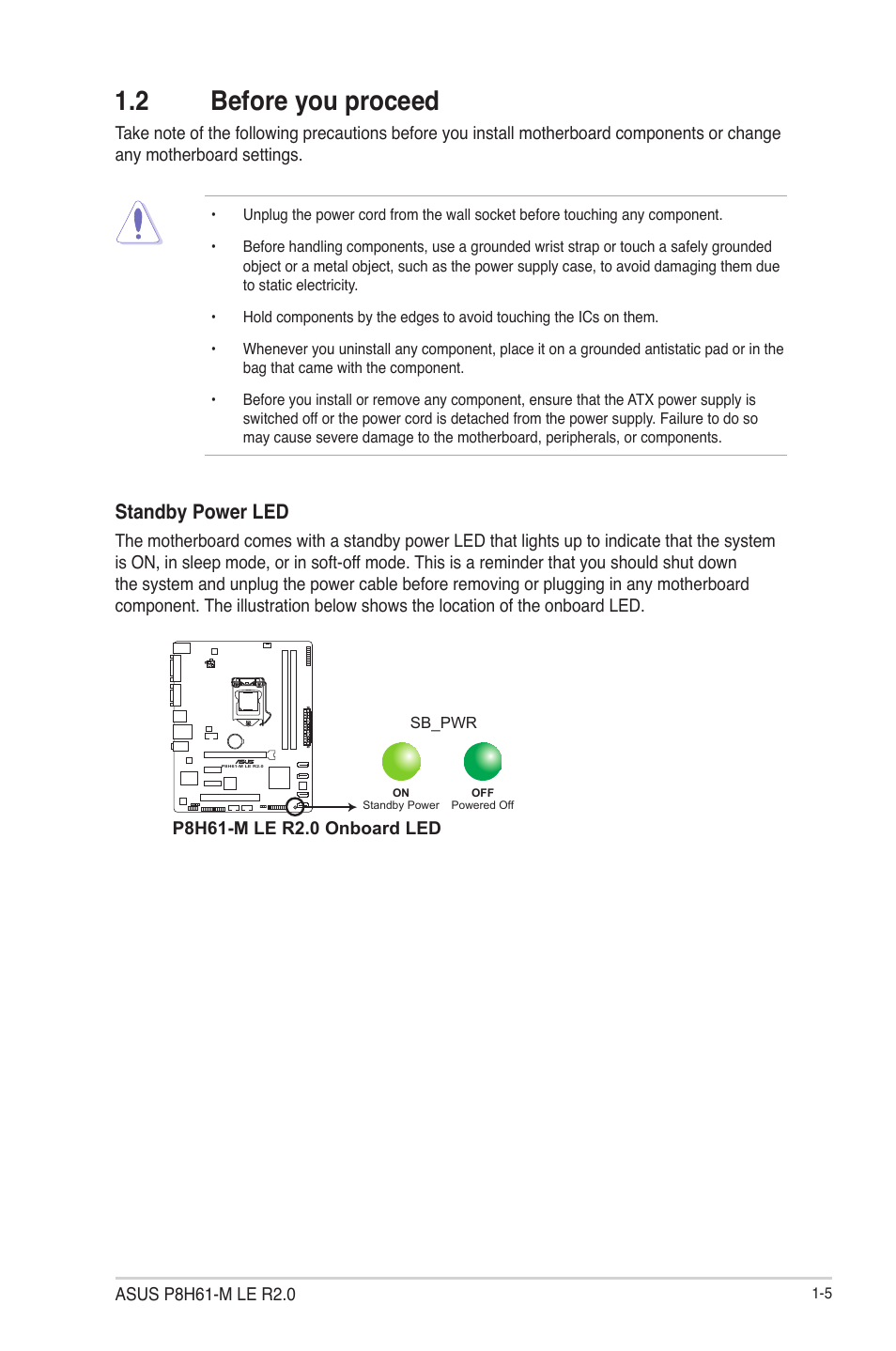 2 before you proceed, 2 before you proceed -5, Standby power led | Asus P8H61-M LE R2.0 User Manual | Page 17 / 81