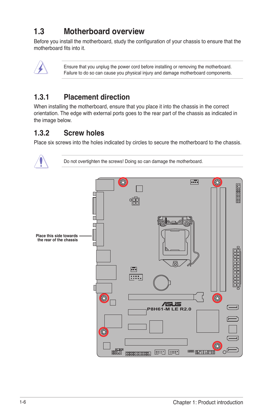 3 motherboard overview, 1 placement direction, 2 screw holes | 3 motherboard overview -6, Placement direction -6, Screw holes -6 | Asus P8H61-M LE R2.0 User Manual | Page 18 / 81