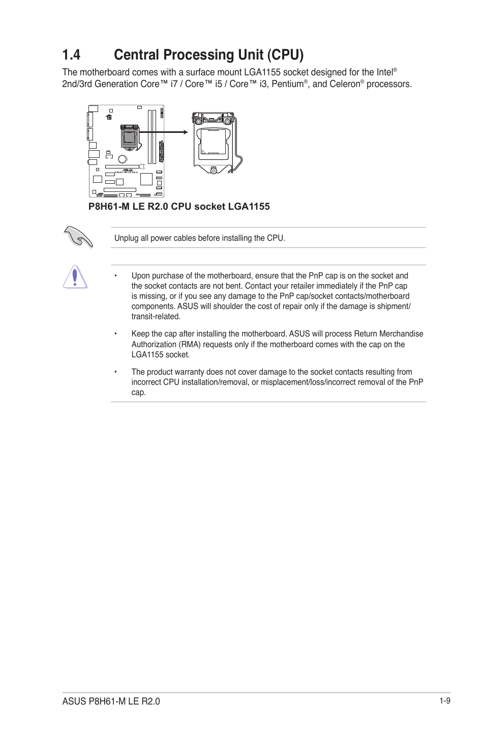 4 central processing unit (cpu), 4 central processing unit (cpu) -9 | Asus P8H61-M LE R2.0 User Manual | Page 21 / 81