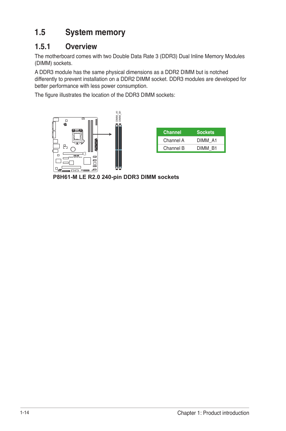 5 system memory, 1 overview, 5 system memory -14 | Overview -14 | Asus P8H61-M LE R2.0 User Manual | Page 26 / 81