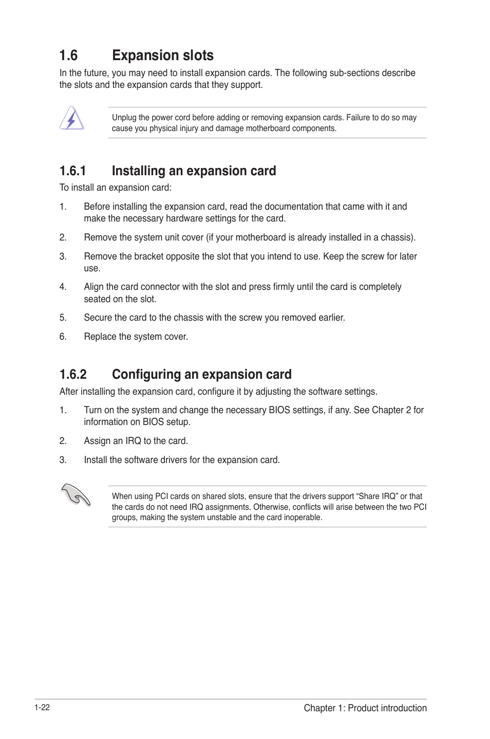 6 expansion slots, 1 installing an expansion card, 2 configuring an expansion card | 6 expansion slots -22, Installing an expansion card -22, Configuring an expansion card -22 | Asus P8H61-M LE R2.0 User Manual | Page 34 / 81