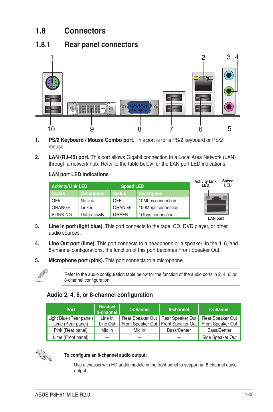 8 connectors, 1 rear panel connectors, 8 connectors -25 | Rear panel connectors -25 | Asus P8H61-M LE R2.0 User Manual | Page 37 / 81