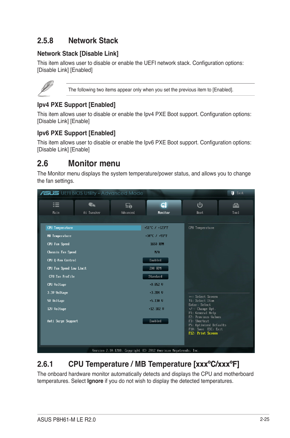 8 network stack, 6 monitor menu, 1 cpu temperature / mb temperature [xxxºc/xxxºf | Network stack -25, 6 monitor menu -25, Cpu temperature / mb temperature [xxxºc/xxxºf] -25 | Asus P8H61-M LE R2.0 User Manual | Page 71 / 81
