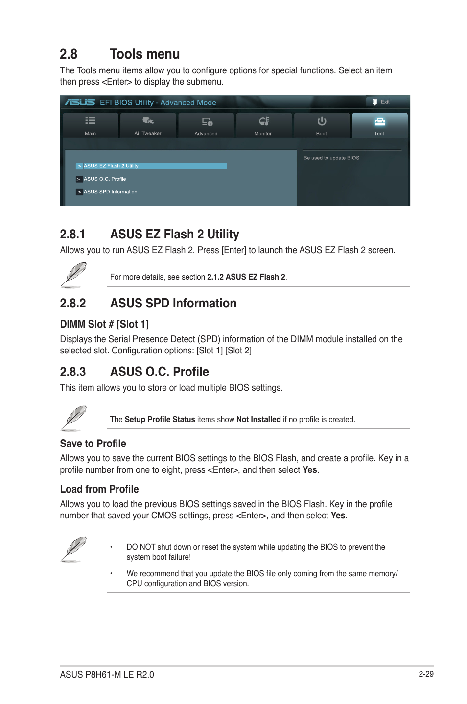 8 tools menu, 1 asus ez flash 2 utility, 2 asus spd information | 3 asus o.c. profile, 8 tools menu -29, Asus ez flash 2 utility -29, Asus spd information -29, Asus o.c. profile -29 | Asus P8H61-M LE R2.0 User Manual | Page 75 / 81