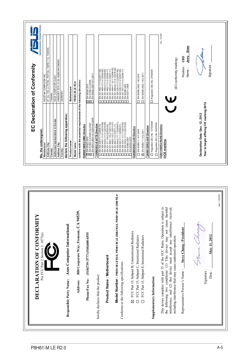 Declaration of conformity, Ec declaration of conformity, Asu s c om pu te r in te rn at io na l | Asus P8H61-M LE R2.0 User Manual | Page 81 / 81