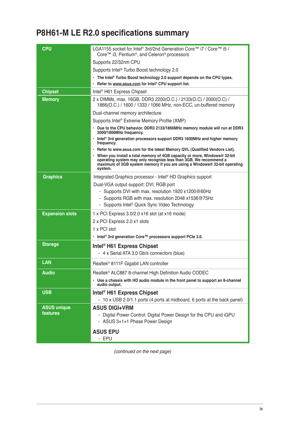 P8h61-m le r2.0 specifications summary, Intel, H61 express chipset | Asus digi+vrm, Asus epu | Asus P8H61-M LE R2.0 User Manual | Page 9 / 81