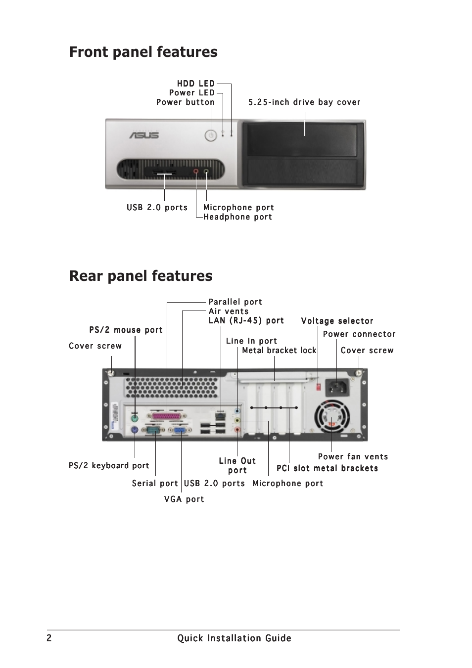 Rear panel features front panel features | Asus Pundit-AE3 User Manual | Page 2 / 8