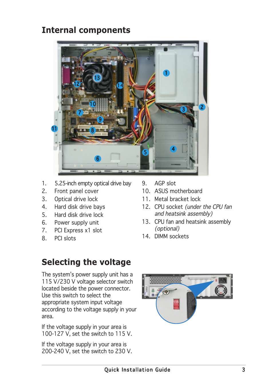 Internal components, Selecting the voltage | Asus Pundit-AE3 User Manual | Page 3 / 8