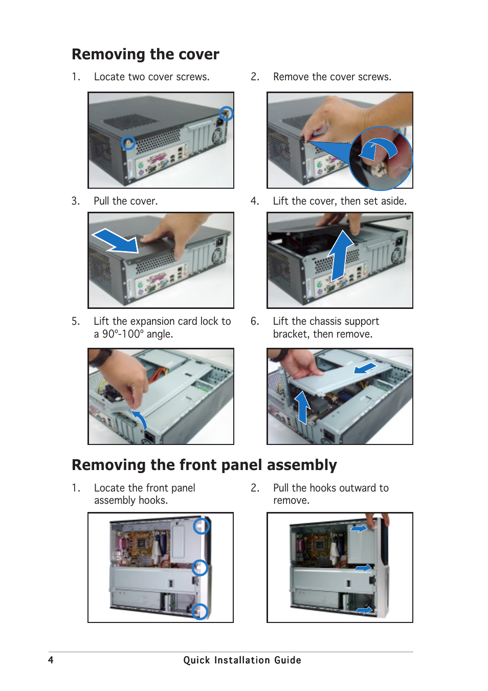 Removing the cover, Removing the front panel assembly | Asus Pundit-AE3 User Manual | Page 4 / 8