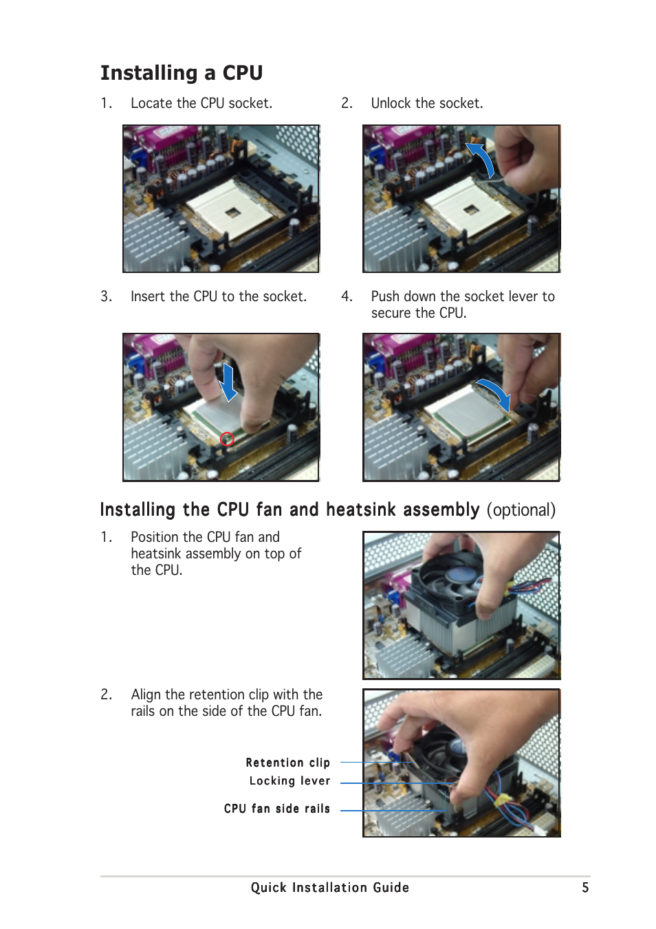 Installing a cpu, Installing the cpu fan and heatsink assembly | Asus Pundit-AE3 User Manual | Page 5 / 8