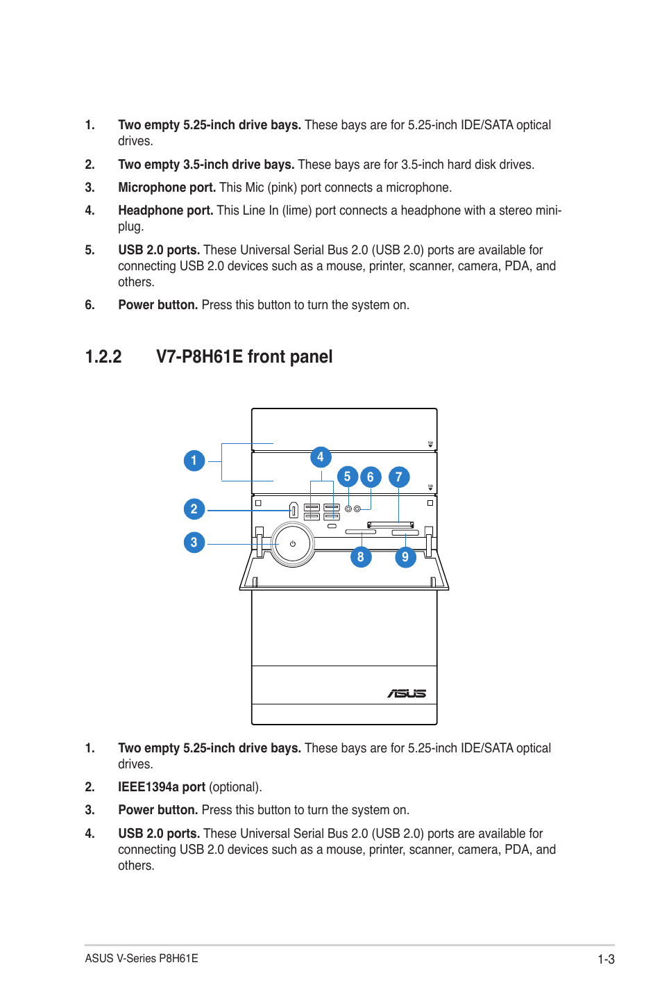 2 v7-p8h61e front panel, V7-p8h61e front panel -3 | Asus V7-P8H61E User Manual | Page 11 / 80