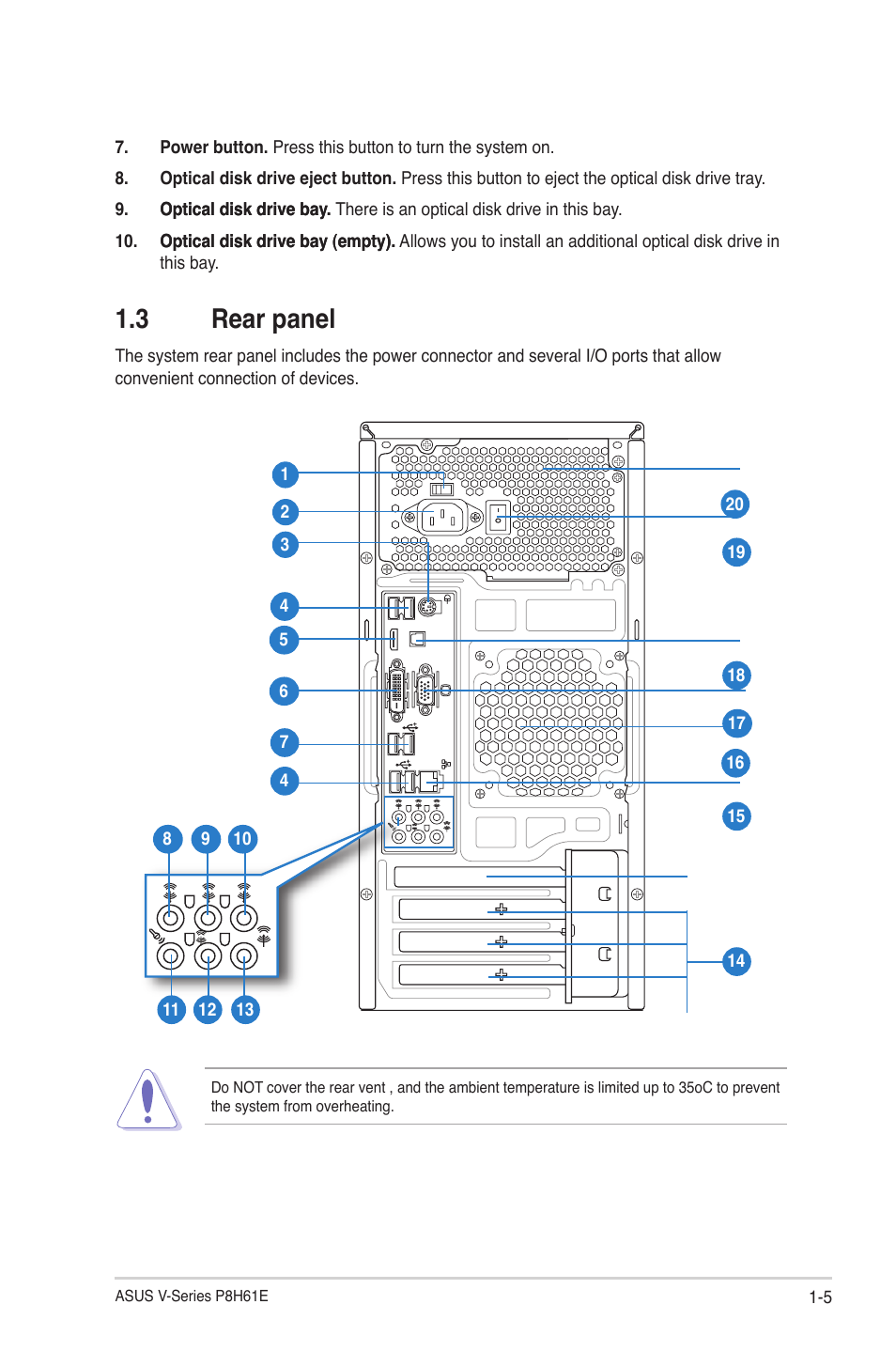 3 rear panel, Rear panel -5 | Asus V7-P8H61E User Manual | Page 13 / 80