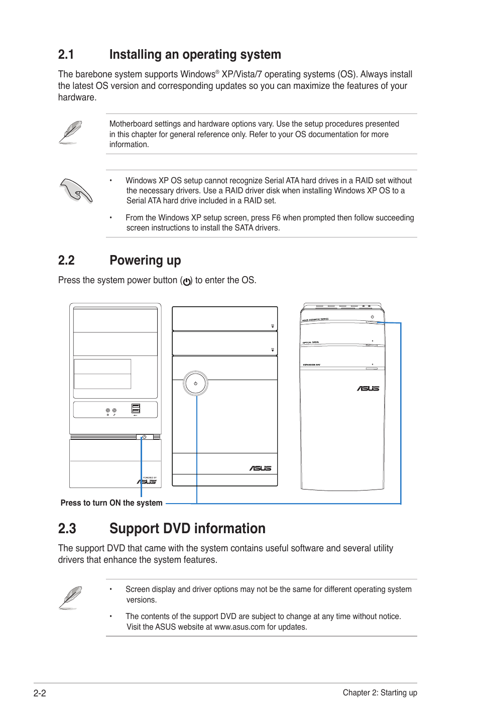 1 installing an operating system, 2 powering up, 3 support dvd information | Installing an operating system -2, Powering up -2, Support dvd information -2 | Asus V7-P8H61E User Manual | Page 22 / 80