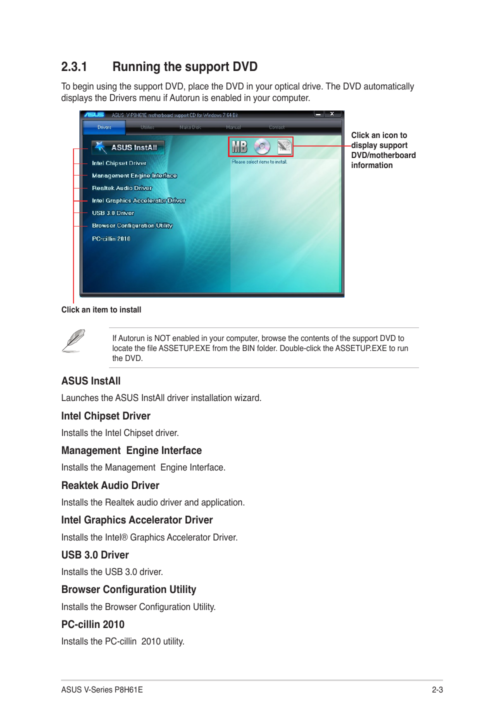 1 running the support dvd, Running the support dvd -3 | Asus V7-P8H61E User Manual | Page 23 / 80