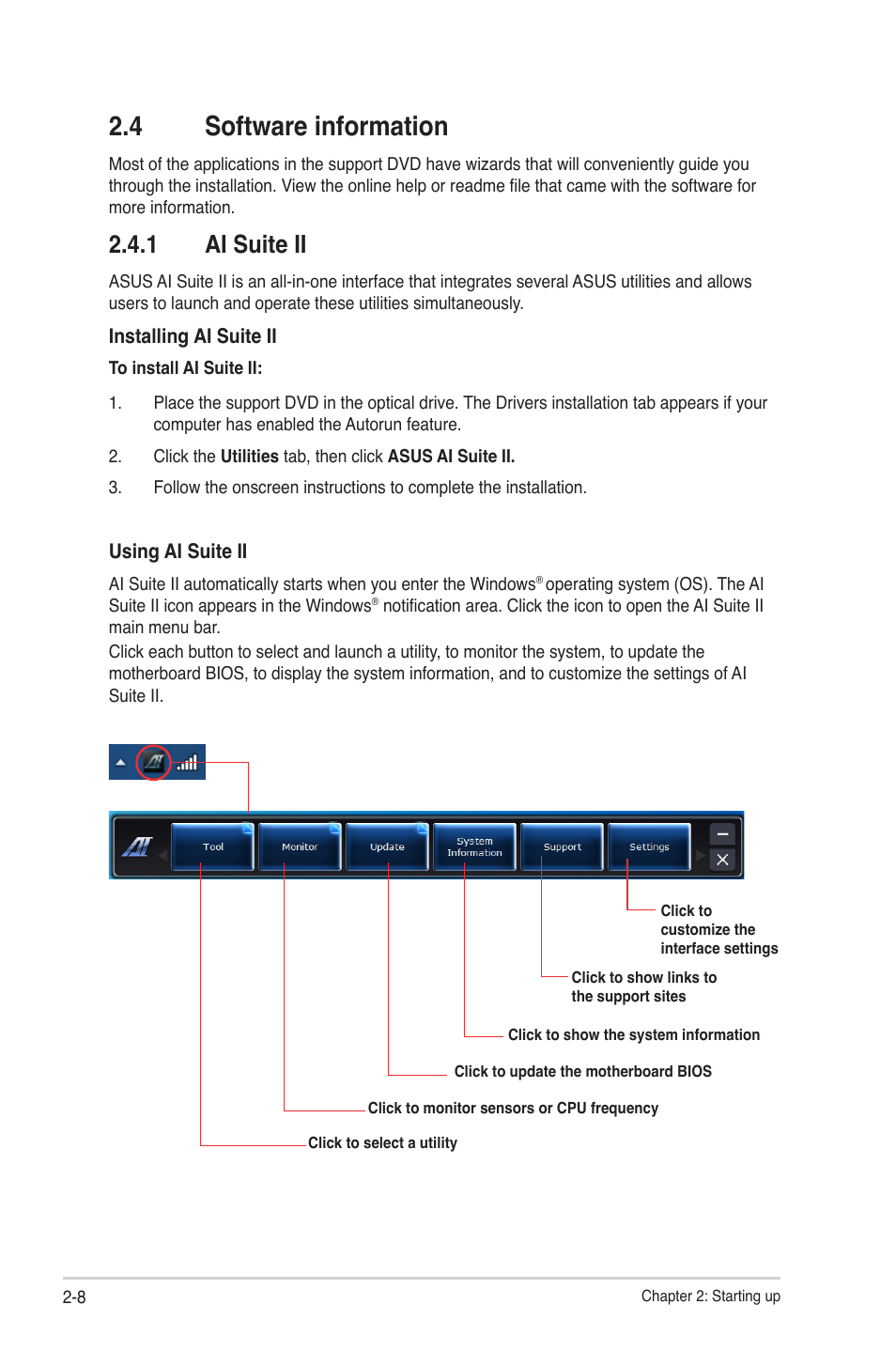 4 software information, 1 ai suite ii, Software information -8 2.4.1 | Ai suite ii -8 | Asus V7-P8H61E User Manual | Page 28 / 80