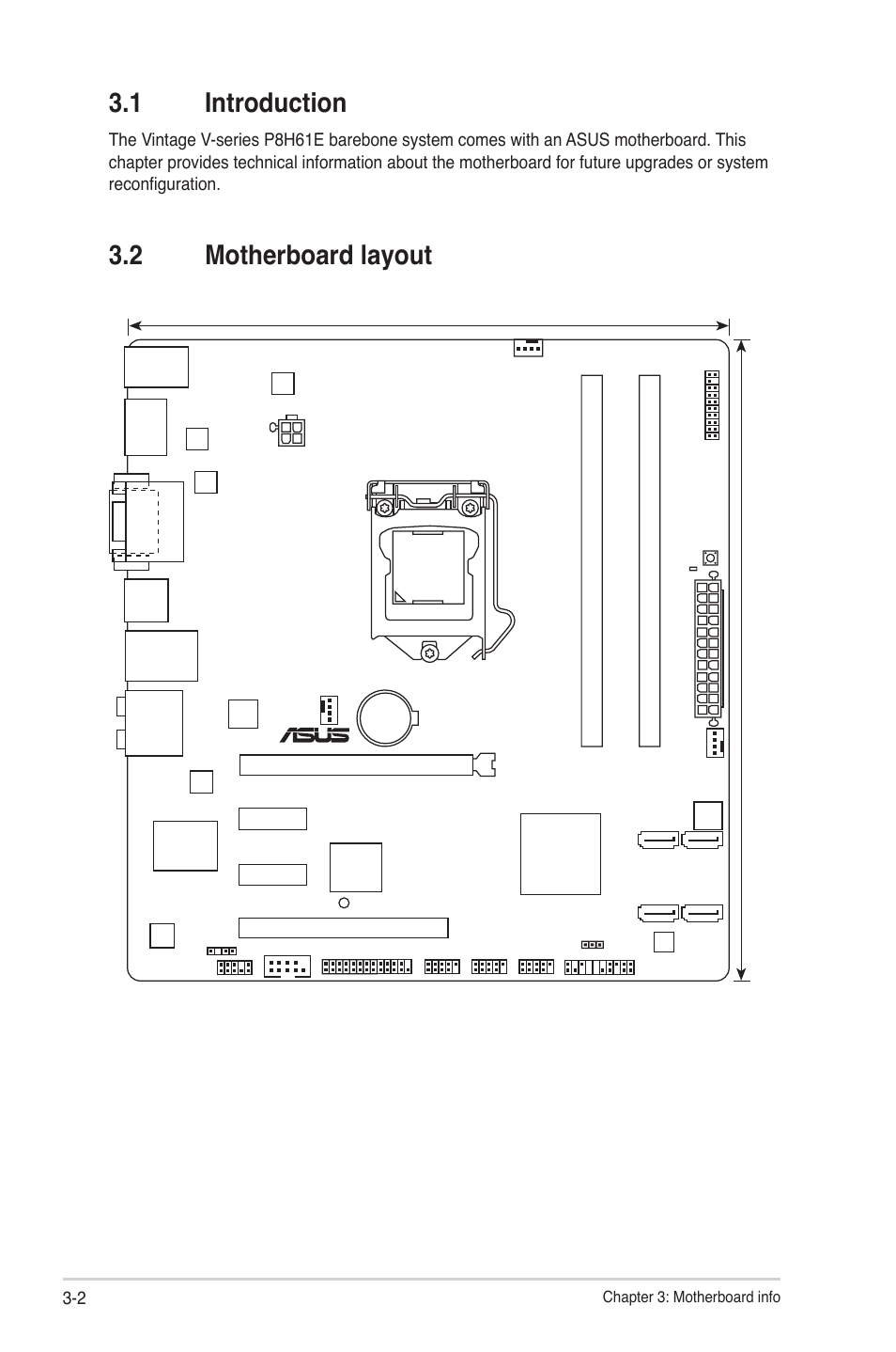 1 introduction, 2 motherboard layout, Introduction -2 | Motherboard layout -2, P8h61-m pro_dp, Chapter 3: motherboard info, Intel | Asus V7-P8H61E User Manual | Page 44 / 80