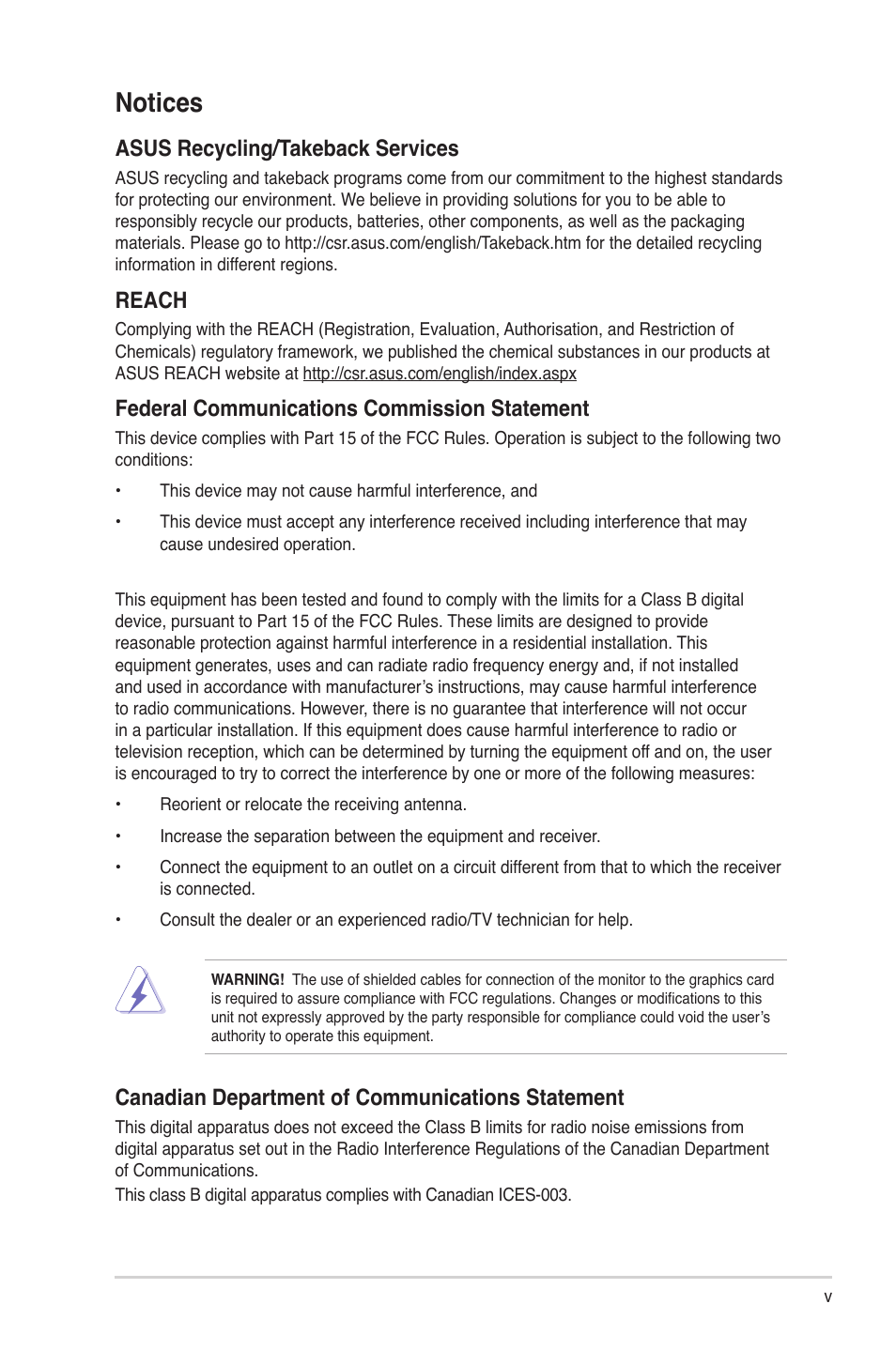 Notices, Canadian department of communications statement, Asus recycling/takeback services | Reach, Federal communications commission statement | Asus V7-P8H61E User Manual | Page 5 / 80