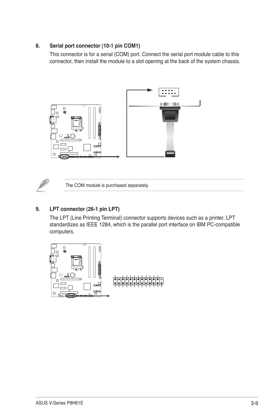 P8h61-m pro_dp serial port (com1) connector, P8h61-m pro_dp parallel port connector | Asus V7-P8H61E User Manual | Page 51 / 80