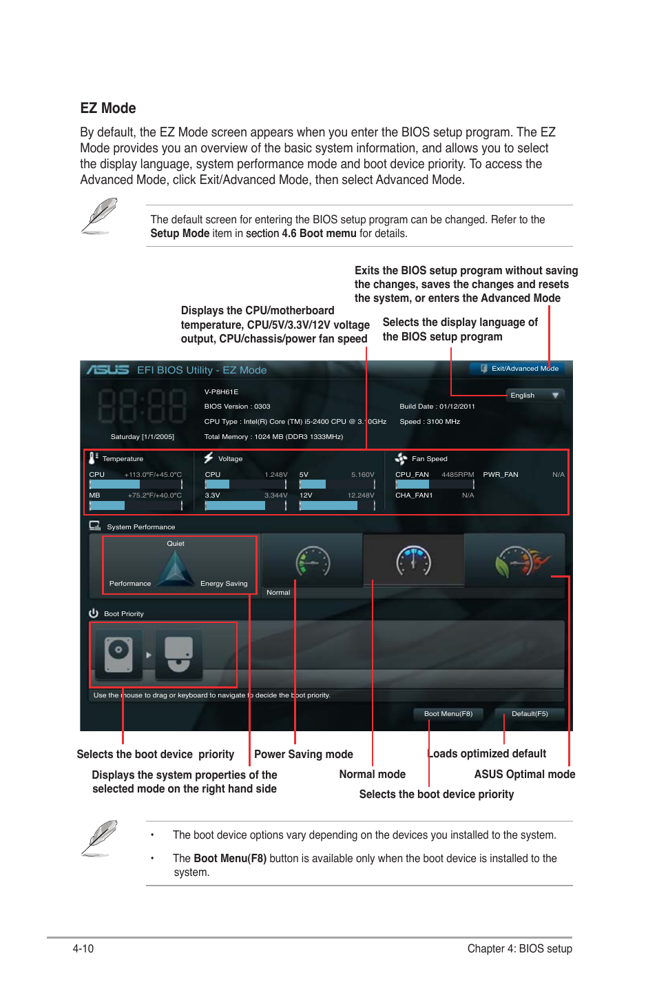 Ez mode, 10 chapter 4: bios setup | Asus V7-P8H61E User Manual | Page 64 / 80