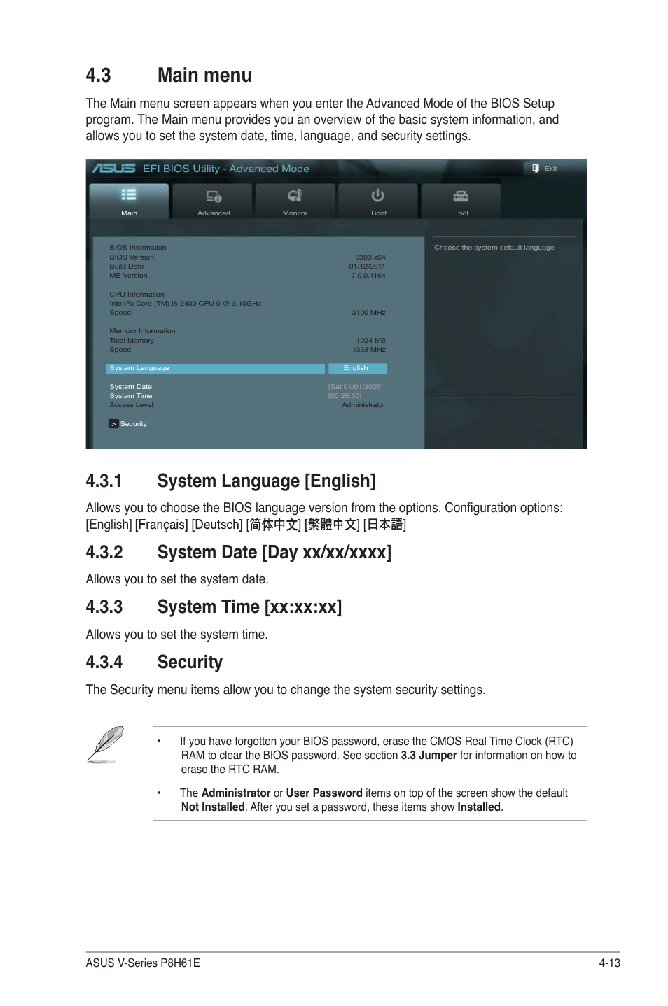 3 main menu, 1 system language [english, 2 system date [day xx/xx/xxxx | 3 system time [xx:xx:xx, 4 security, Main menu -13 4.3.1, System language [english] -13, System date [day xx/xx/xxxx] -13, System time [xx:xx:xx] -13, Security -13 | Asus V7-P8H61E User Manual | Page 67 / 80