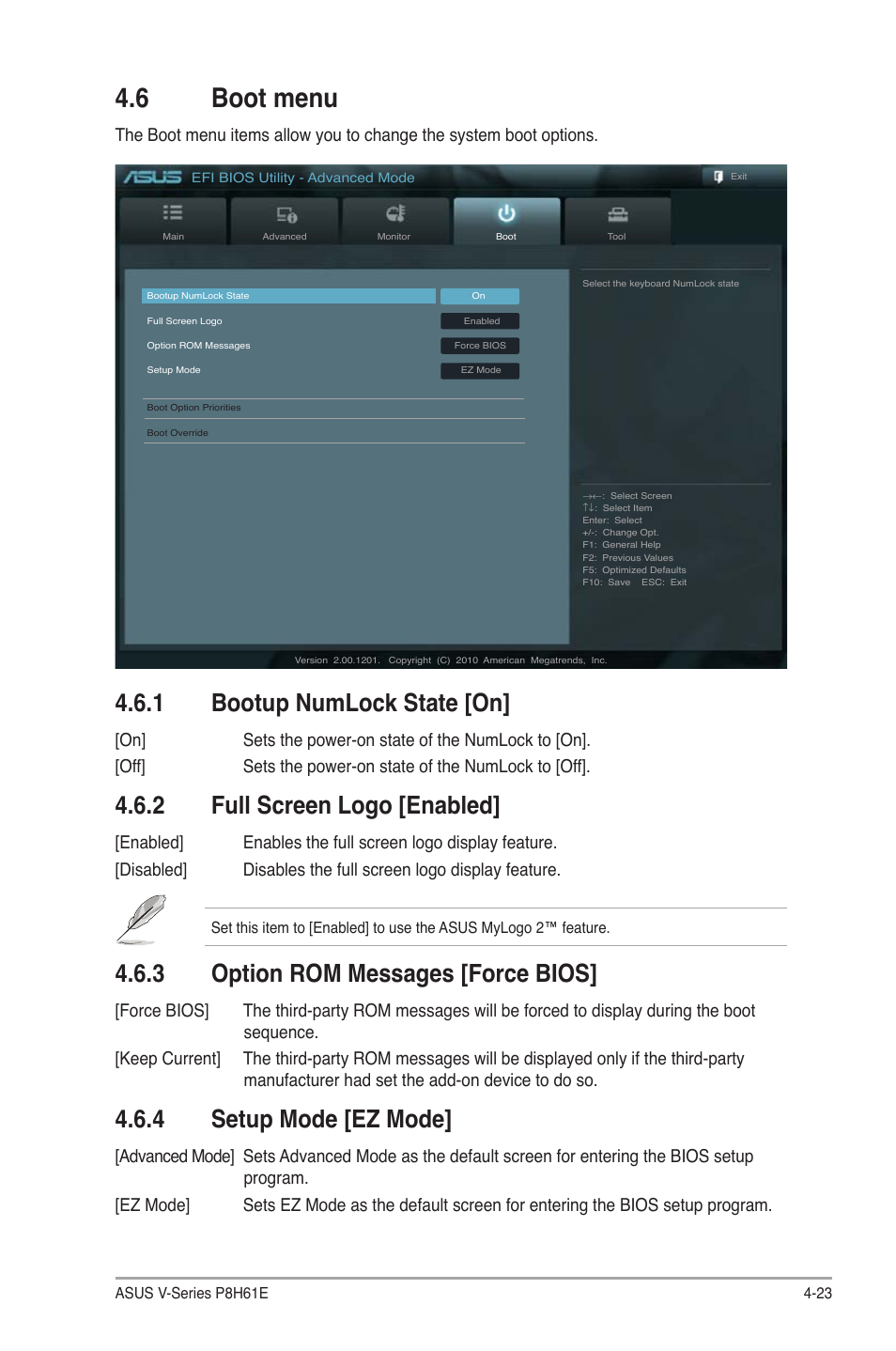 6 boot menu, 1 bootup numlock state [on, 2 full screen logo [enabled | 3 option rom messages [force bios, 4 setup mode [ez mode, Boot menu -23 4.6.1, Bootup numlock state [on] -23, Full screen logo [enabled] -23, Option rom messages [force bios] -23, Setup mode [ez mode] -23 | Asus V7-P8H61E User Manual | Page 77 / 80