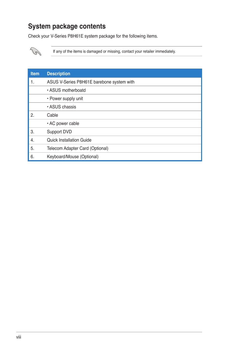 System package contents | Asus V7-P8H61E User Manual | Page 8 / 80