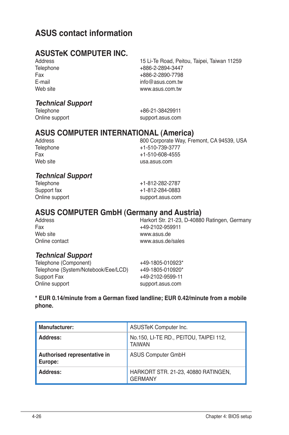 Asus contact information, Asus contact information -26, Asustek computer inc | Asus computer international �america, Asus computer gmbh �germany and austria, Technical support | Asus V7-P8H61E User Manual | Page 80 / 80