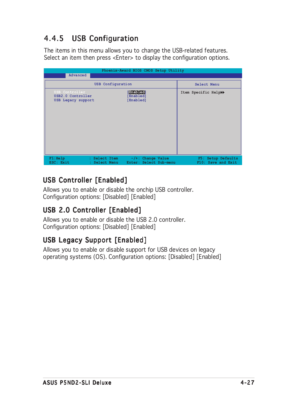 Usb controller [enabled, Usb 2.0 controller [enabled, Usb legacy support [enabled | Asus P5ND2-SLI Deluxe User Manual | Page 101 / 184