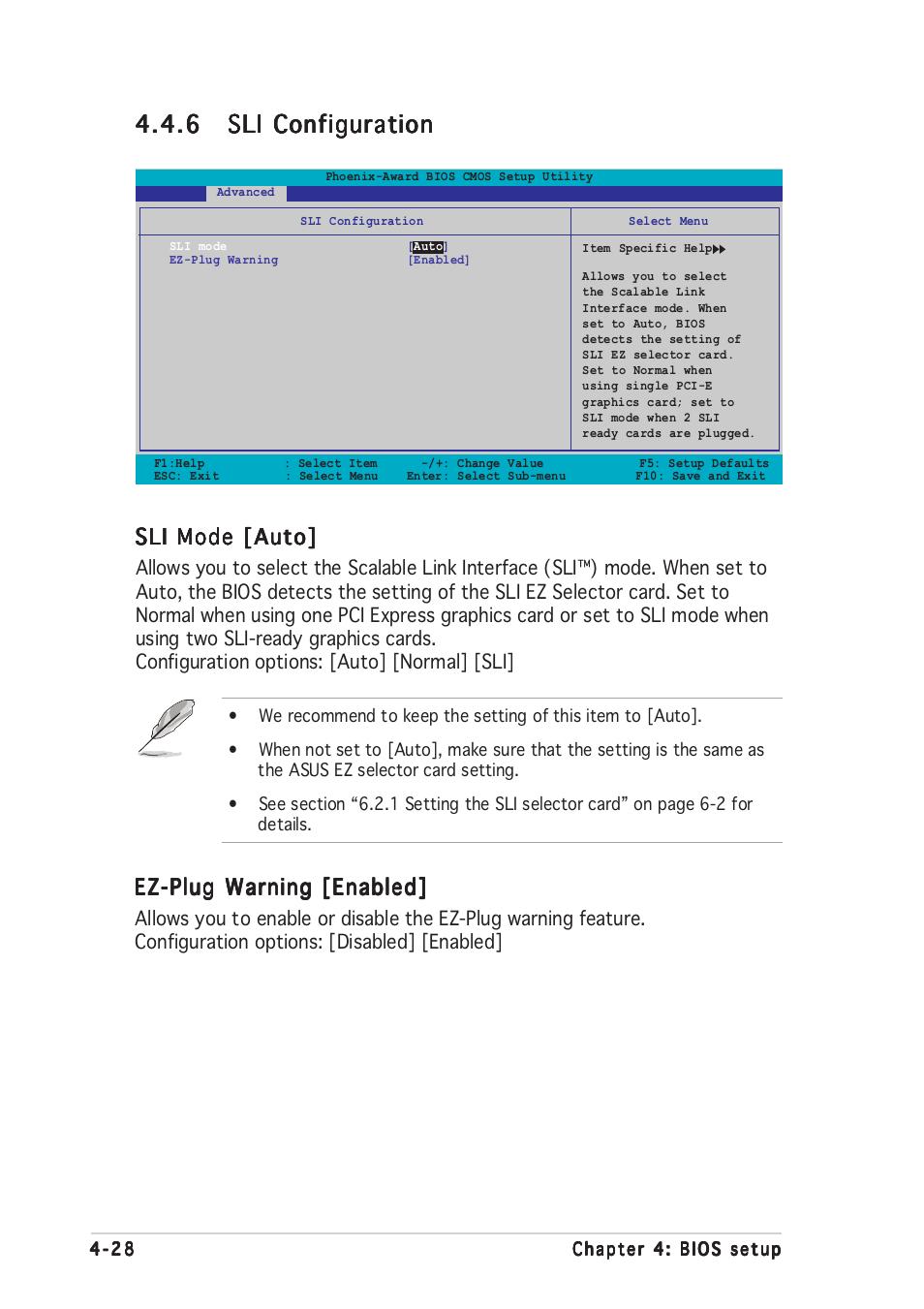 Sli mode [auto, Ez-plug warning [enabled | Asus P5ND2-SLI Deluxe User Manual | Page 102 / 184