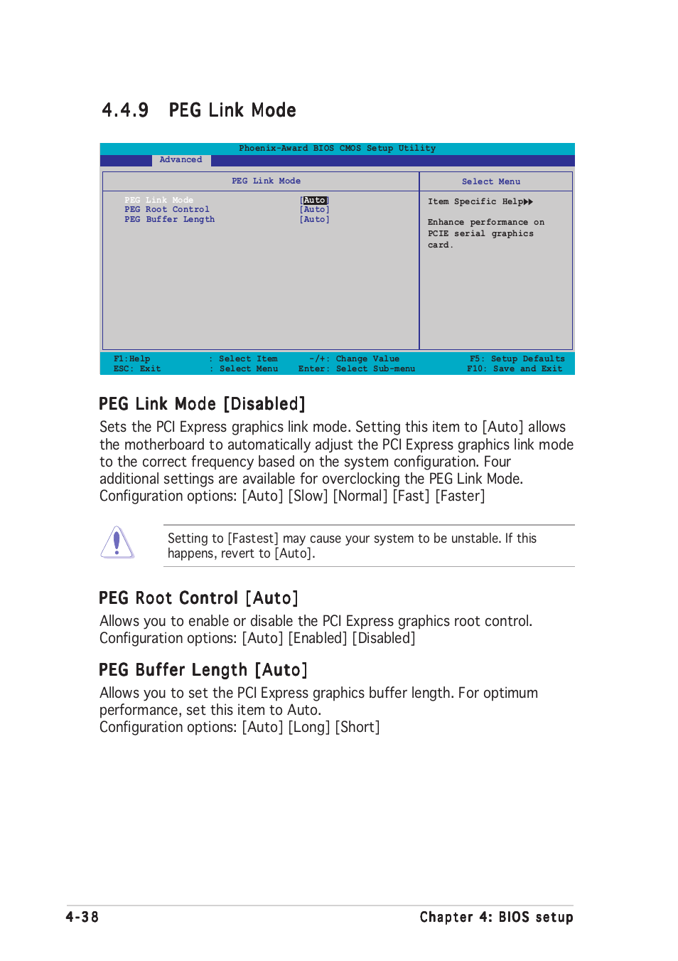 Peg link mode [disabled, Peg root control [auto, Peg buffer length [auto | Asus P5ND2-SLI Deluxe User Manual | Page 112 / 184