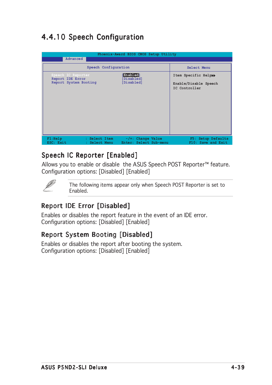 Speech ic reporter [enabled, Report ide error [disabled, Report system booting [disabled | Asus P5ND2-SLI Deluxe User Manual | Page 113 / 184