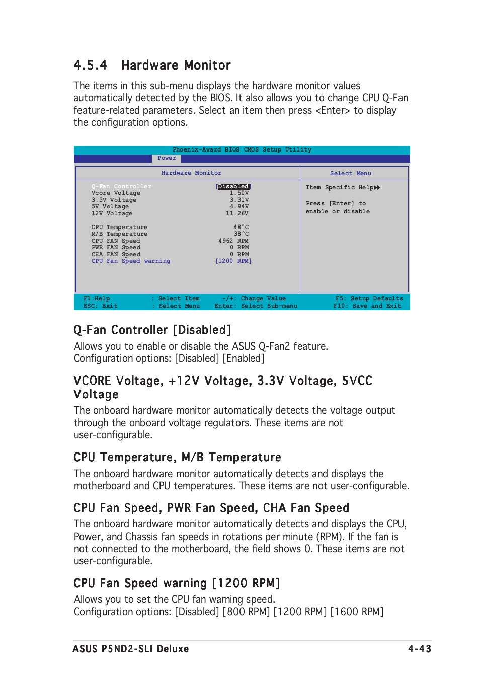 Q-fan controller [disabled, Cpu temperature, m/b temperature, Cpu fan speed, pwr fan speed, cha fan speed | Cpu fan speed warning [1200 rpm | Asus P5ND2-SLI Deluxe User Manual | Page 117 / 184