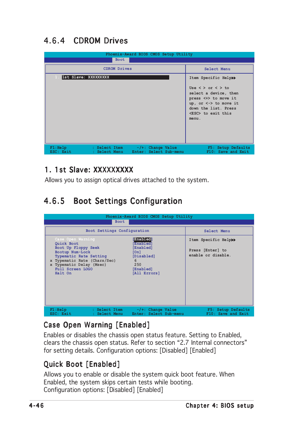 Case open warning [enabled, Quick boot [enabled | Asus P5ND2-SLI Deluxe User Manual | Page 120 / 184