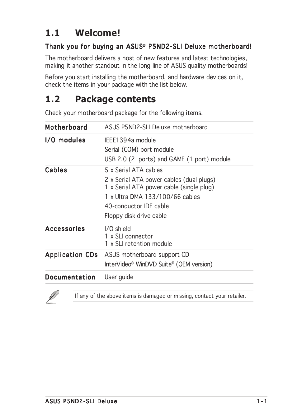 1 welcome, 2 package contents | Asus P5ND2-SLI Deluxe User Manual | Page 17 / 184