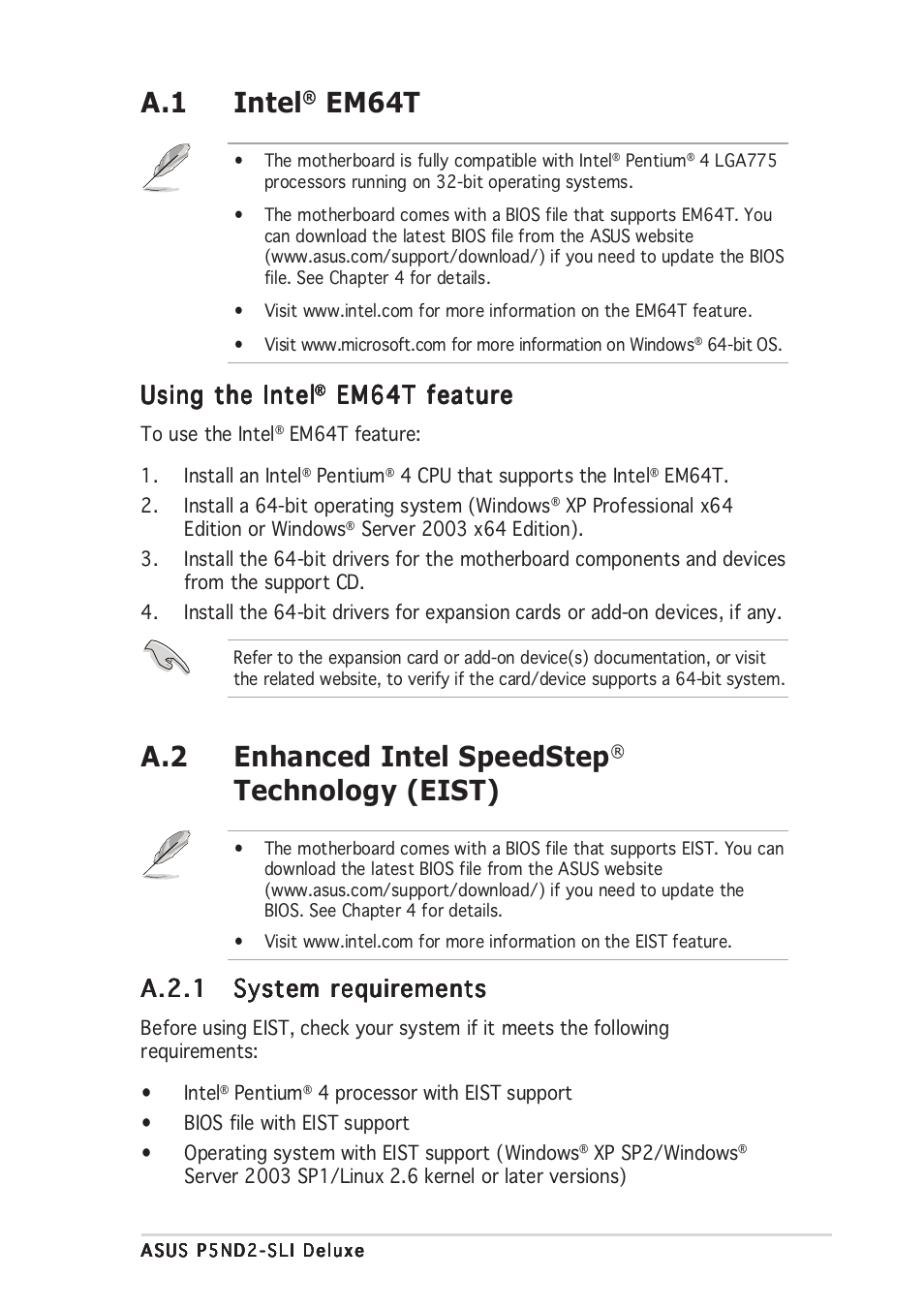 A.1 intel, Em64t, A.2 enhanced intel speedstep | Technology (eist), Using the intel, Em64t feature, A.2.1 | Asus P5ND2-SLI Deluxe User Manual | Page 181 / 184