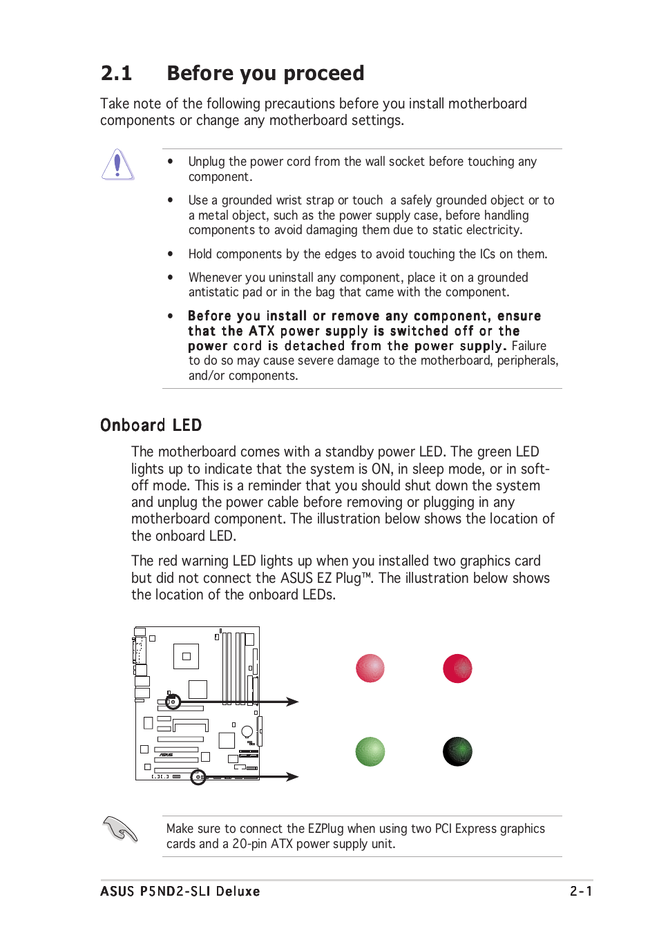 1 before you proceed, Onboard led | Asus P5ND2-SLI Deluxe User Manual | Page 27 / 184