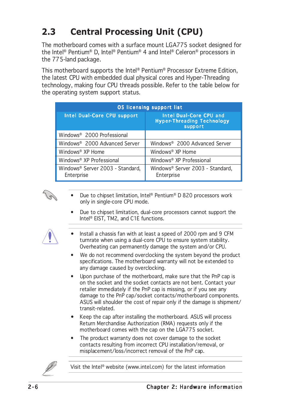 3 central processing unit (cpu), Pentium, D, intel | 4 and intel, Celeron | Asus P5ND2-SLI Deluxe User Manual | Page 32 / 184