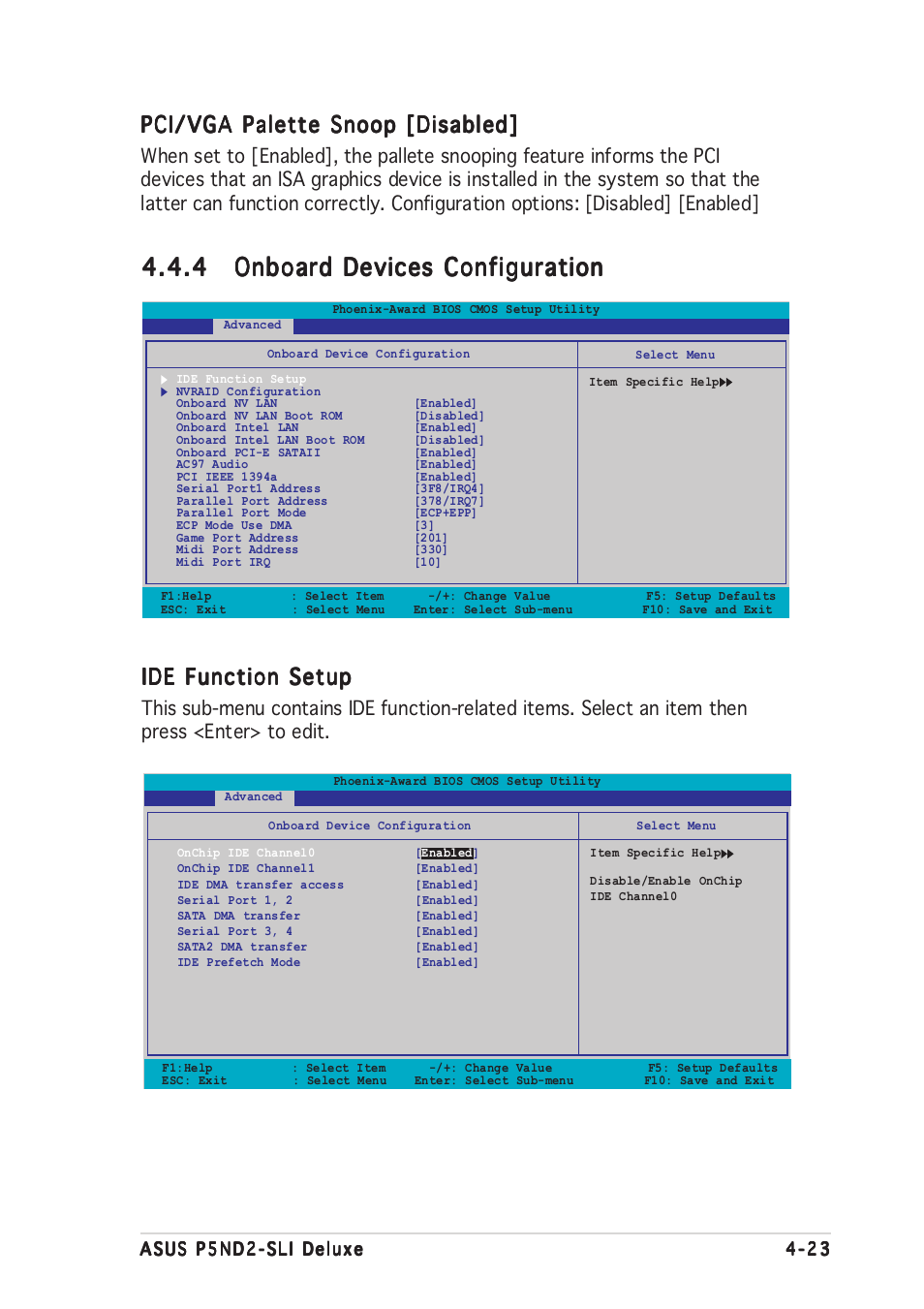 Pci/vga palette snoop [disabled, Ide function setup | Asus P5ND2-SLI Deluxe User Manual | Page 97 / 184