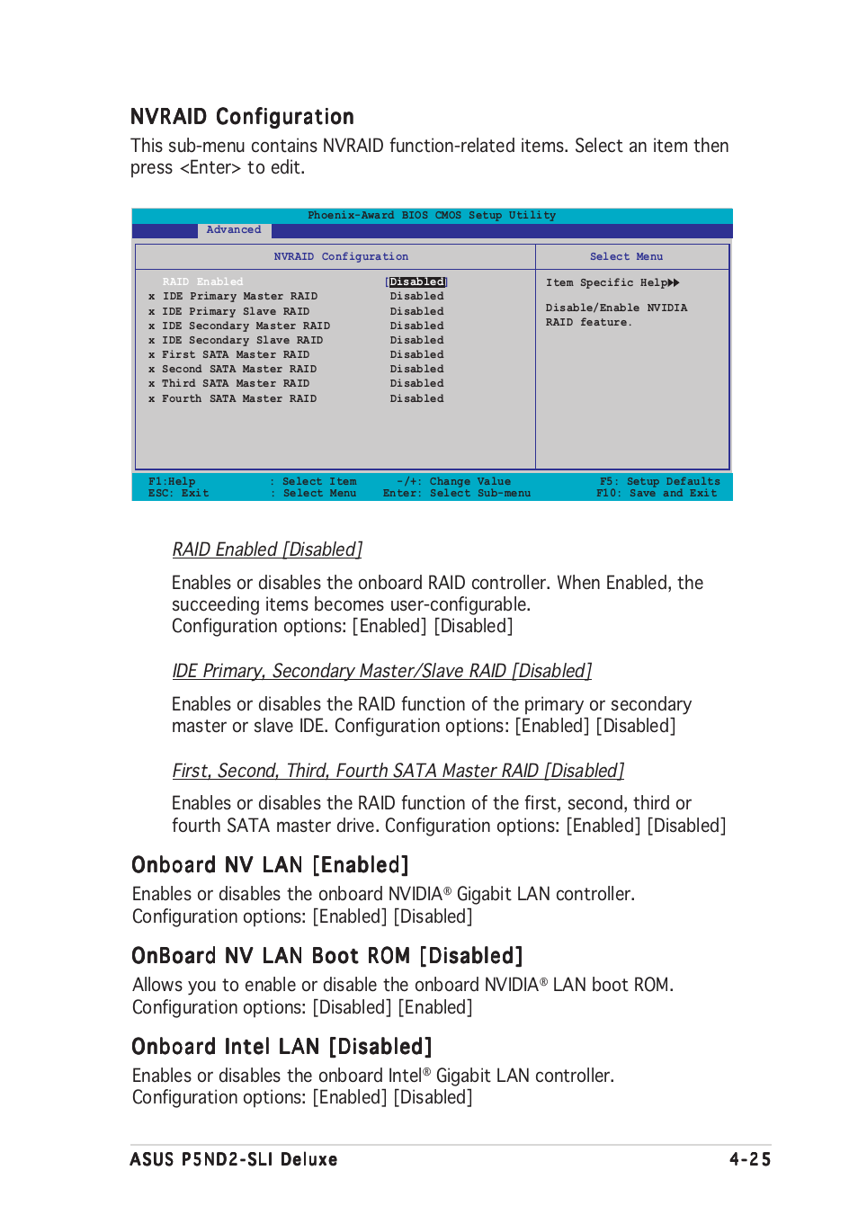 Nvraid configuration, Onboard nv lan [enabled, Onboard nv lan boot rom [disabled | Onboard intel lan [disabled | Asus P5ND2-SLI Deluxe User Manual | Page 99 / 184