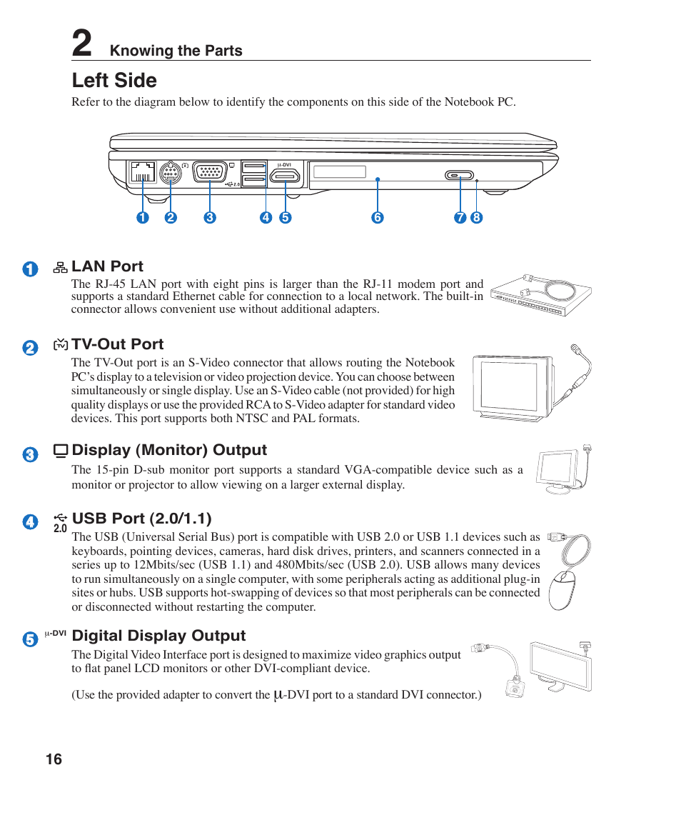 Left side, Knowing the parts, Lan port | Display (monitor) output, Tv-out port, Digital display output, Usb port (2.0/1.1) | Asus V1J User Manual | Page 16 / 83