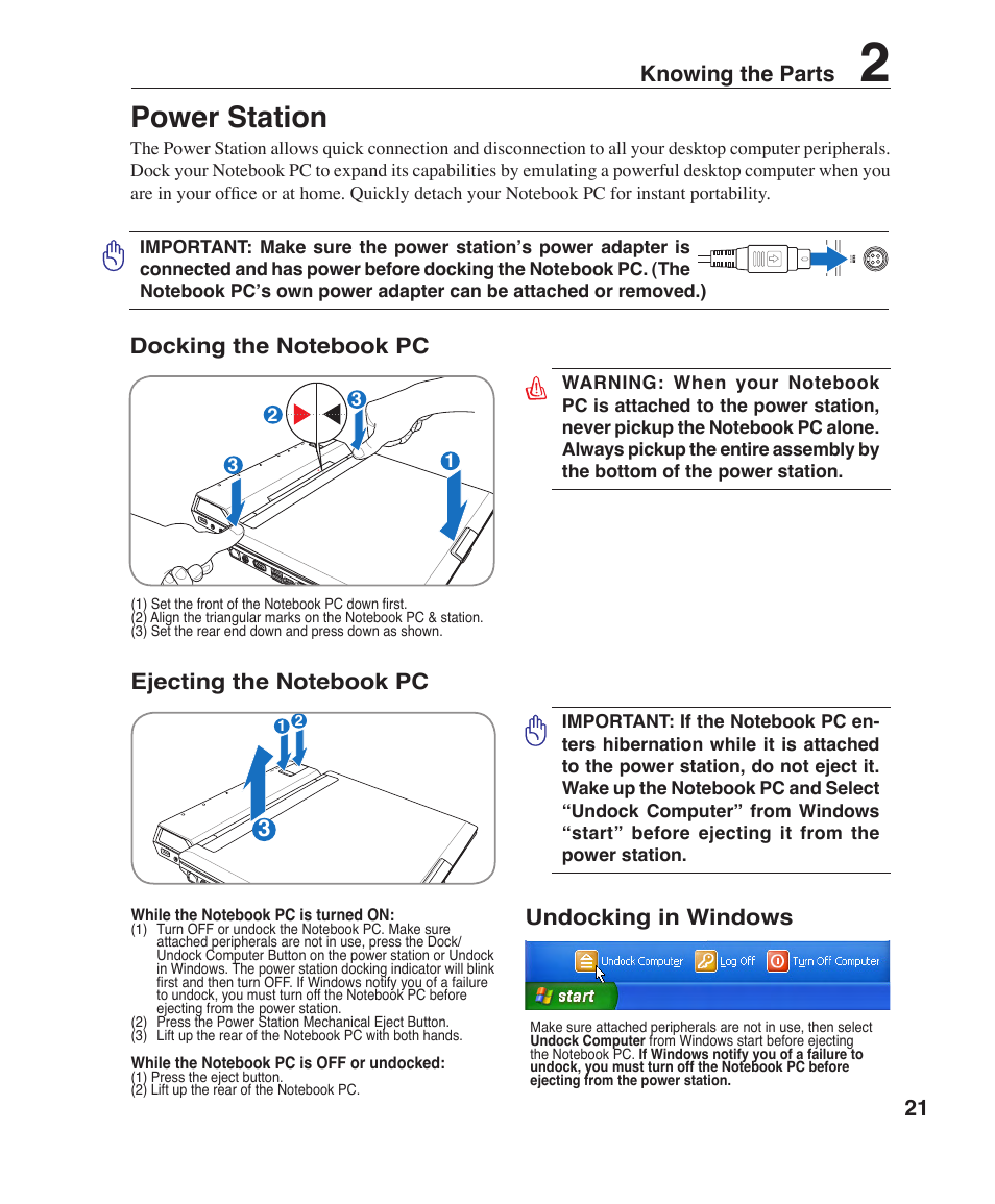 Power station, 21 knowing the parts, Undocking in windows | Asus V1J User Manual | Page 21 / 83