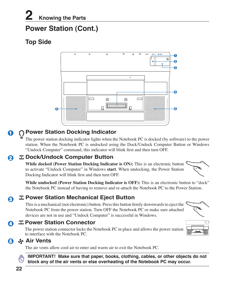 Power station (cont.), Top side | Asus V1J User Manual | Page 22 / 83