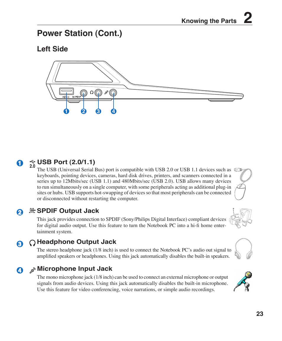 Power station (cont.), Left side | Asus V1J User Manual | Page 23 / 83