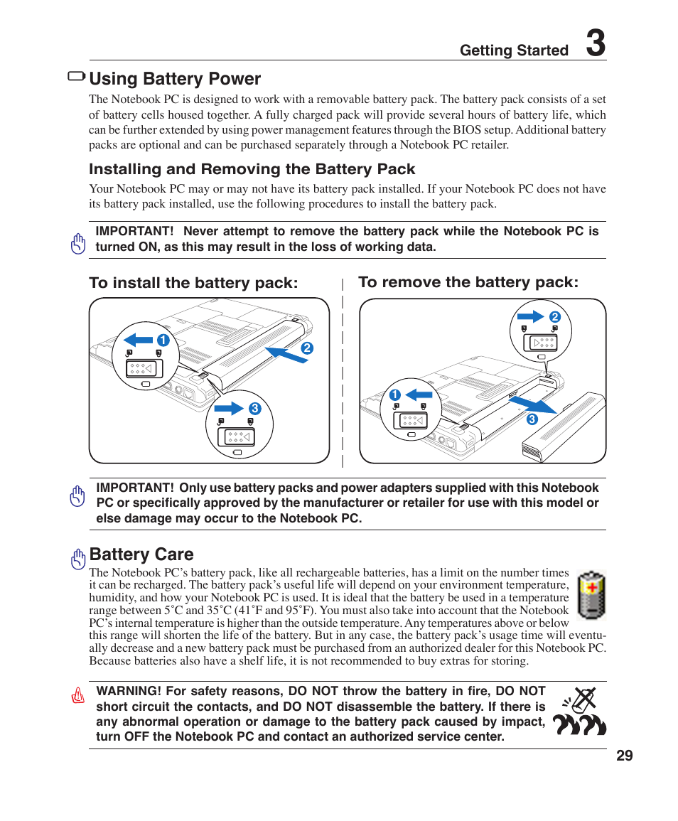 Using battery power, Battery care | Asus V1J User Manual | Page 29 / 83