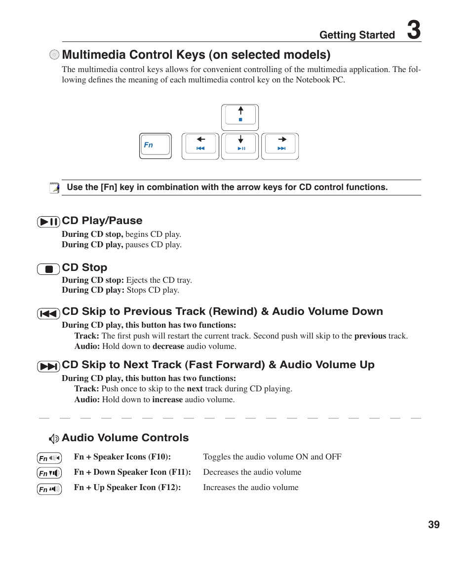 Multimedia control keys (on selected models) | Asus V1J User Manual | Page 39 / 83