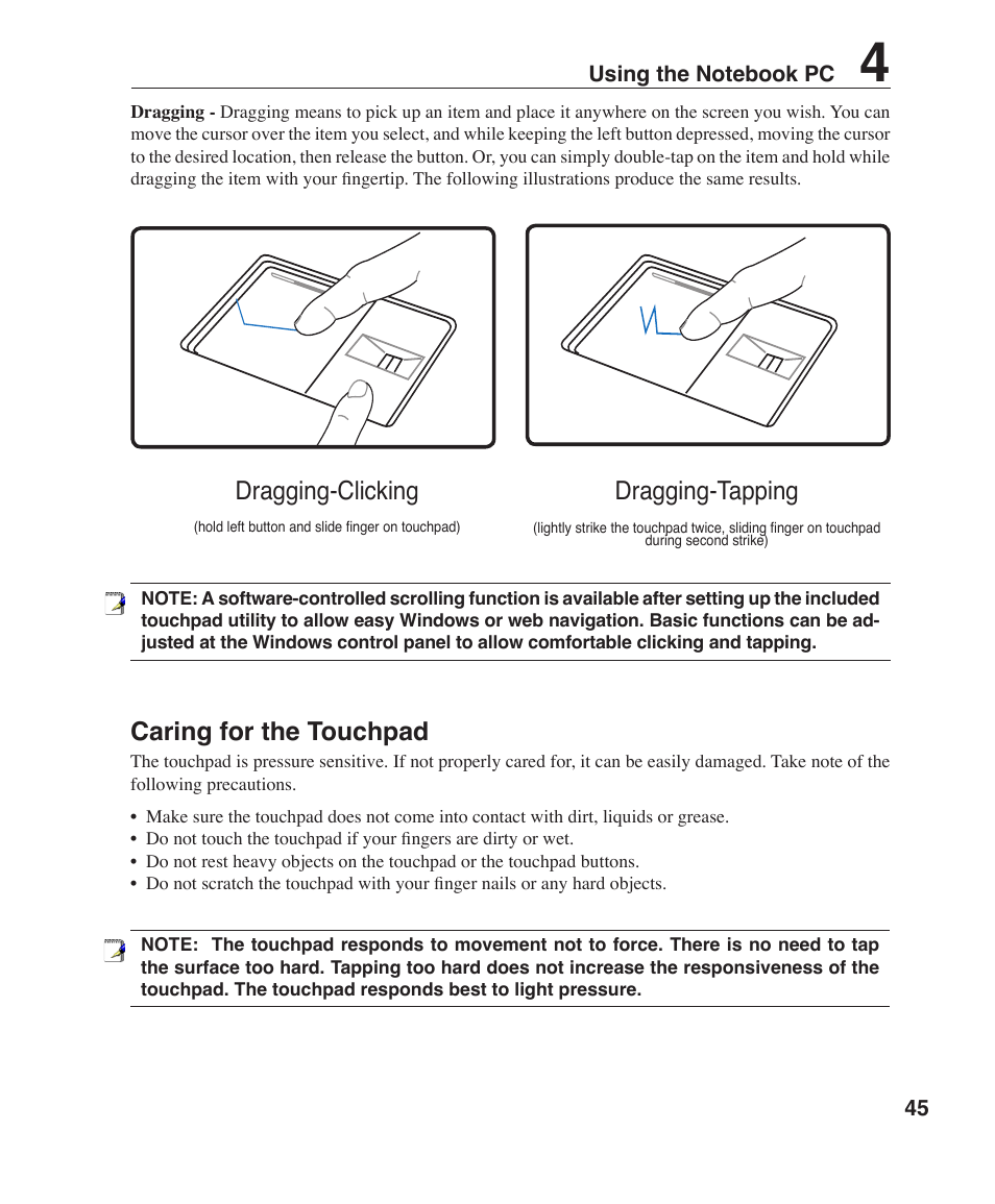 Caring for the touchpad, Dragging-clicking dragging-tapping | Asus V1J User Manual | Page 45 / 83