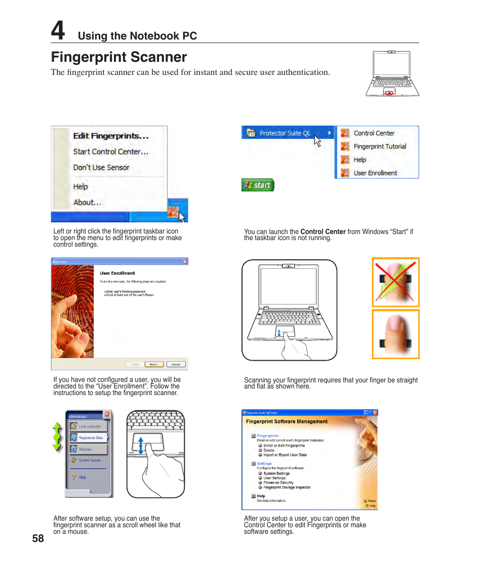 Fingerprint scanner | Asus V1J User Manual | Page 58 / 83