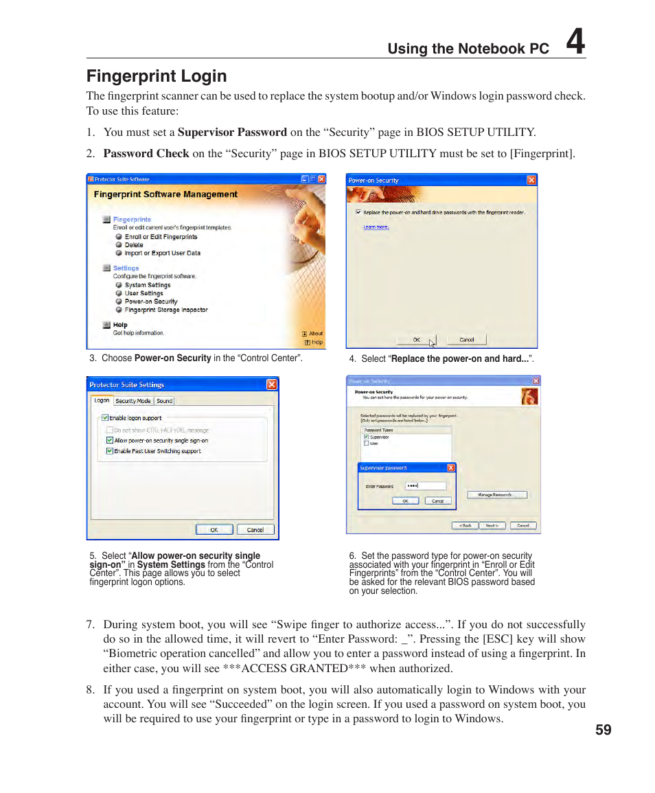 Fingerprint login | Asus V1J User Manual | Page 59 / 83